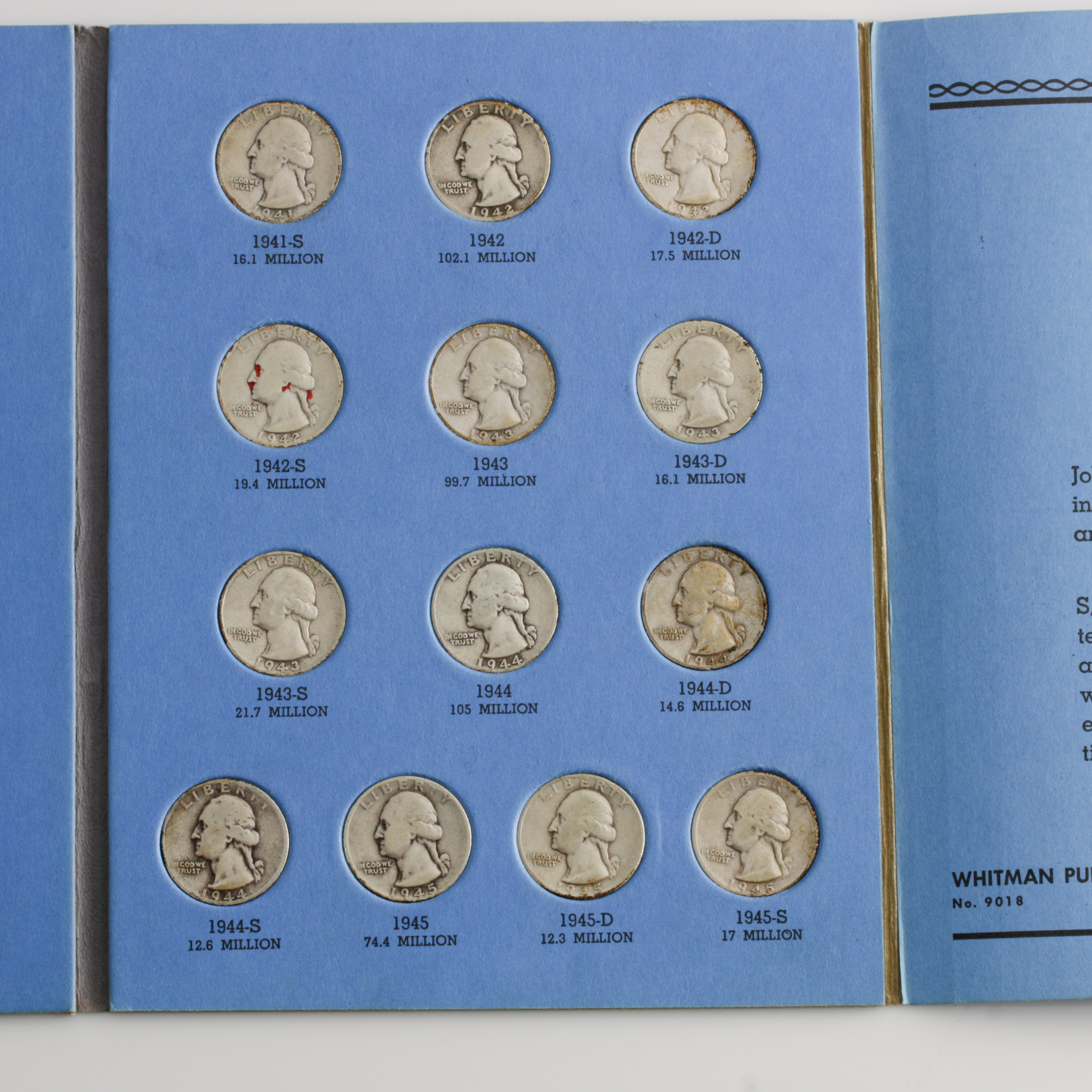 Group of 34 George Washington Silver Quarters in a Whitman Coin Folder Ranging in Age from 1932 to 1945
