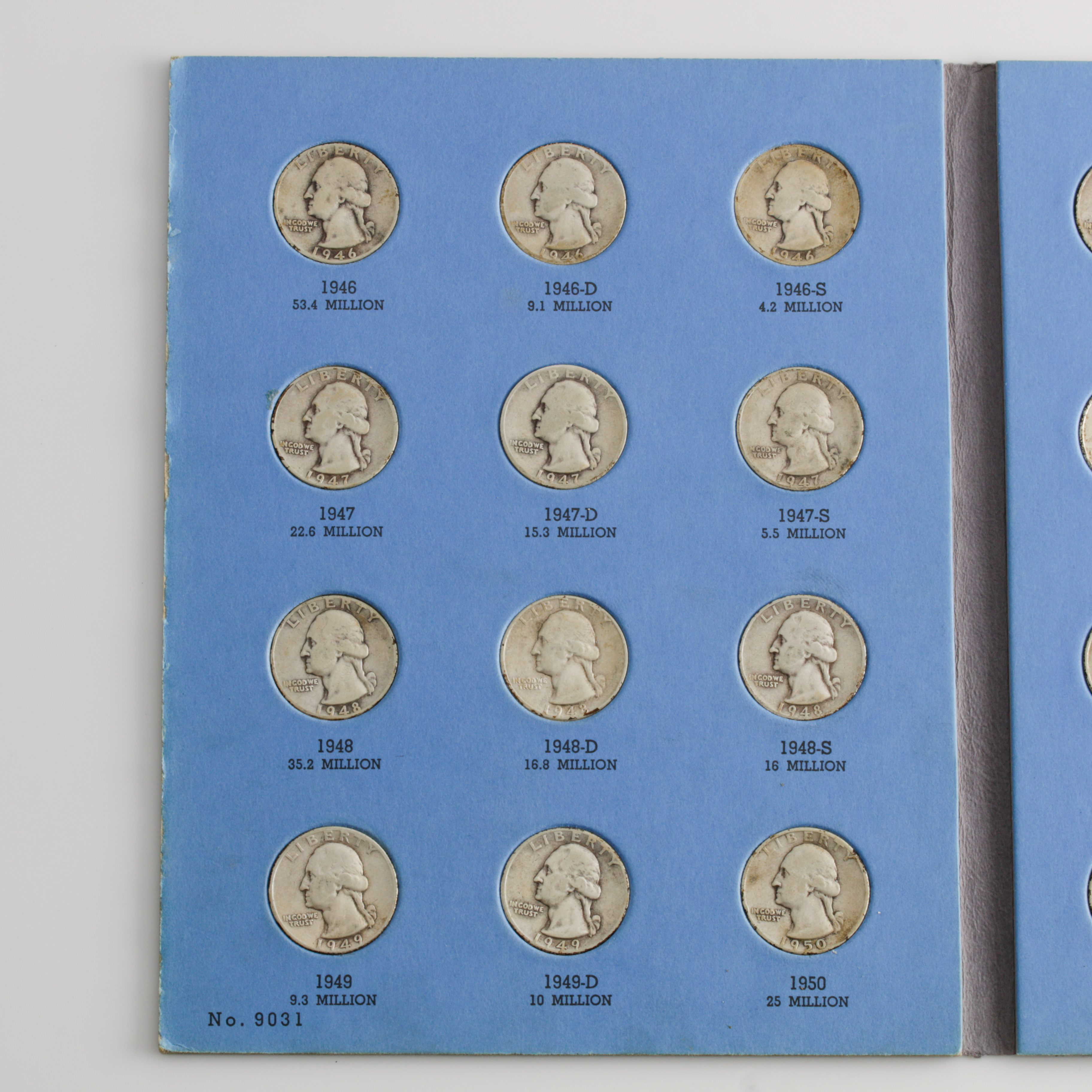 Group of 36 George Washington Silver Quarters in a Whitman Coin Folder Ranging in Age from 1946 to 1959