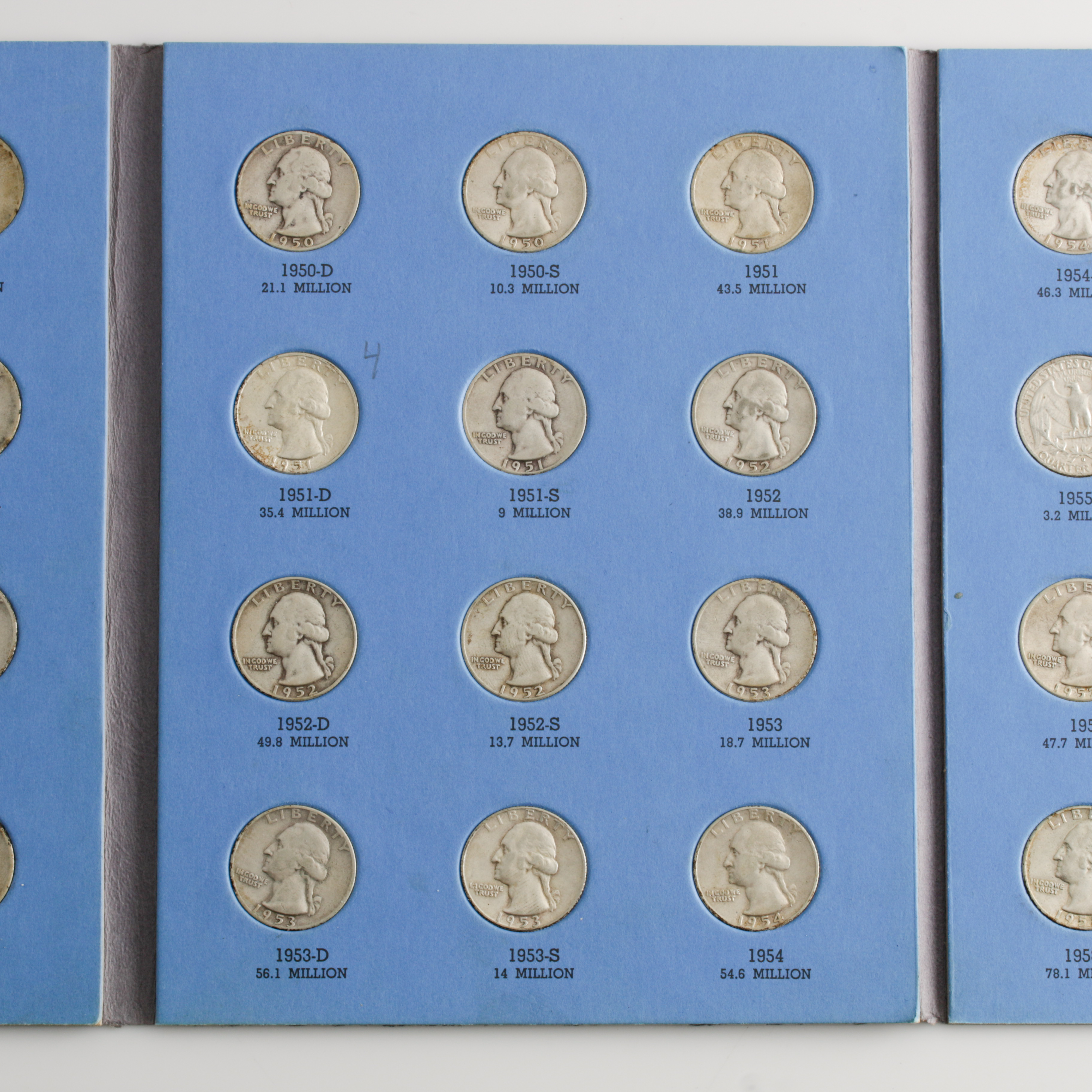 Group of 36 George Washington Silver Quarters in a Whitman Coin Folder Ranging in Age from 1946 to 1959