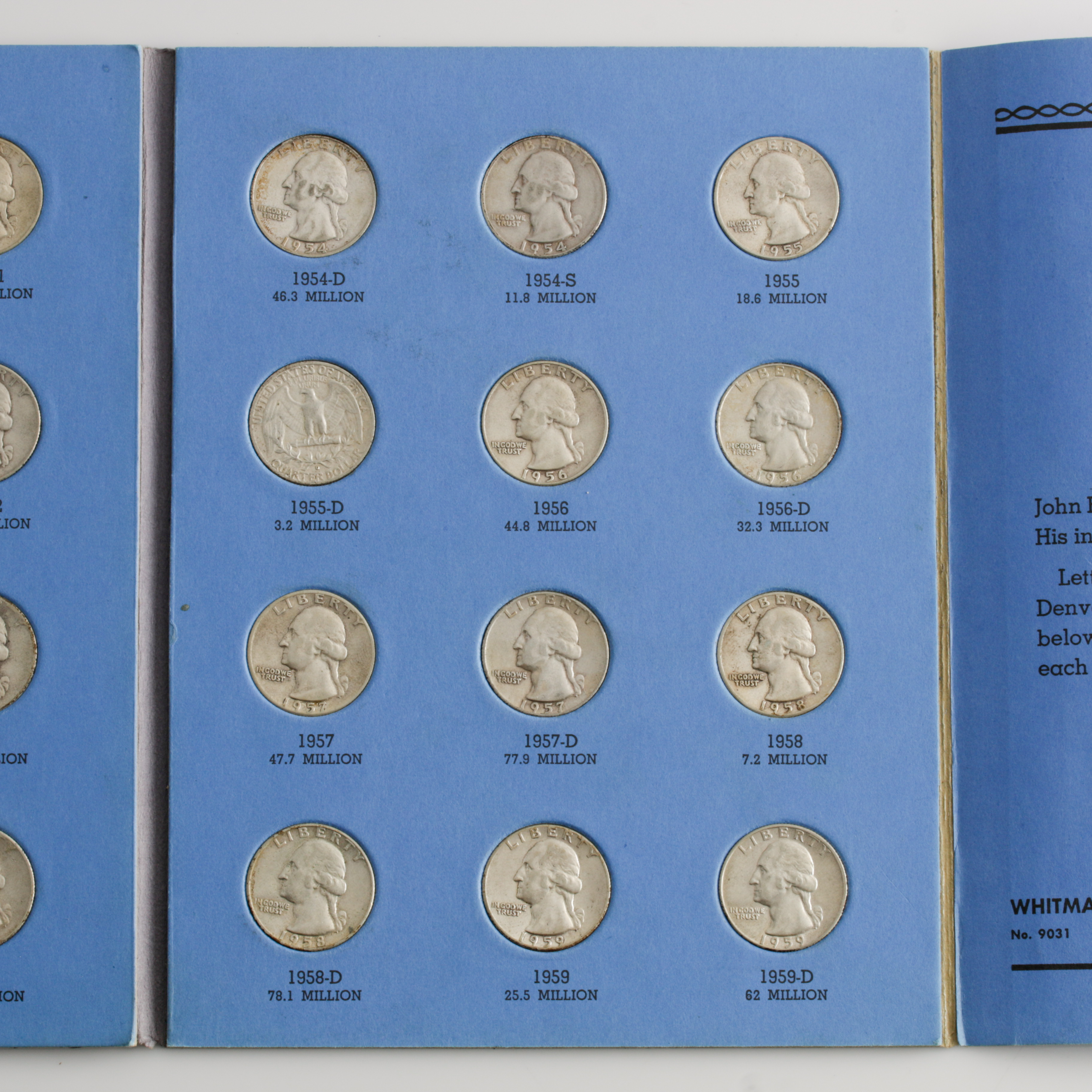 Group of 36 George Washington Silver Quarters in a Whitman Coin Folder Ranging in Age from 1946 to 1959