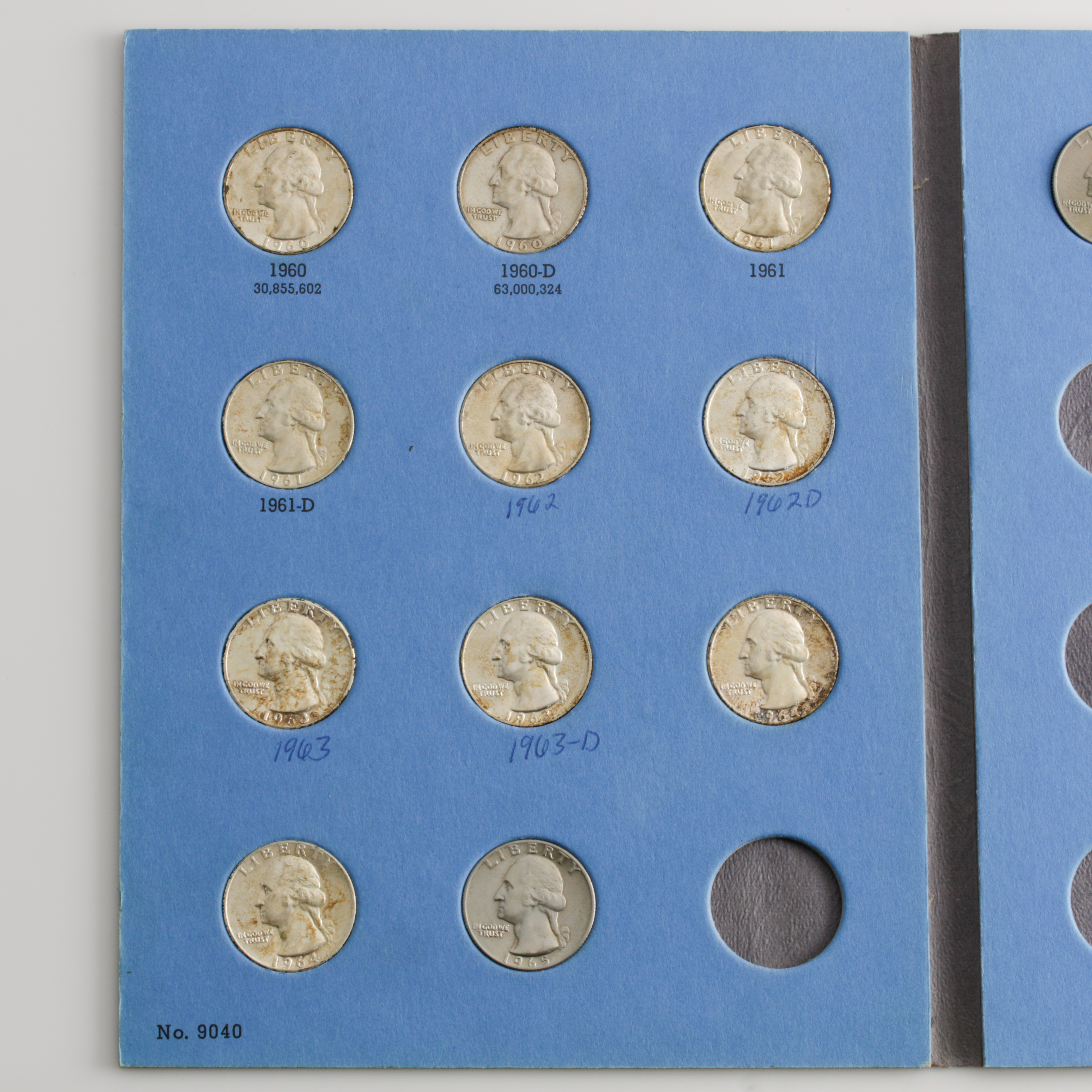 Group of 10 George Washington Silver Quarters in a Whitman Coin Folder Ranging in Age from 1960 to 1964
