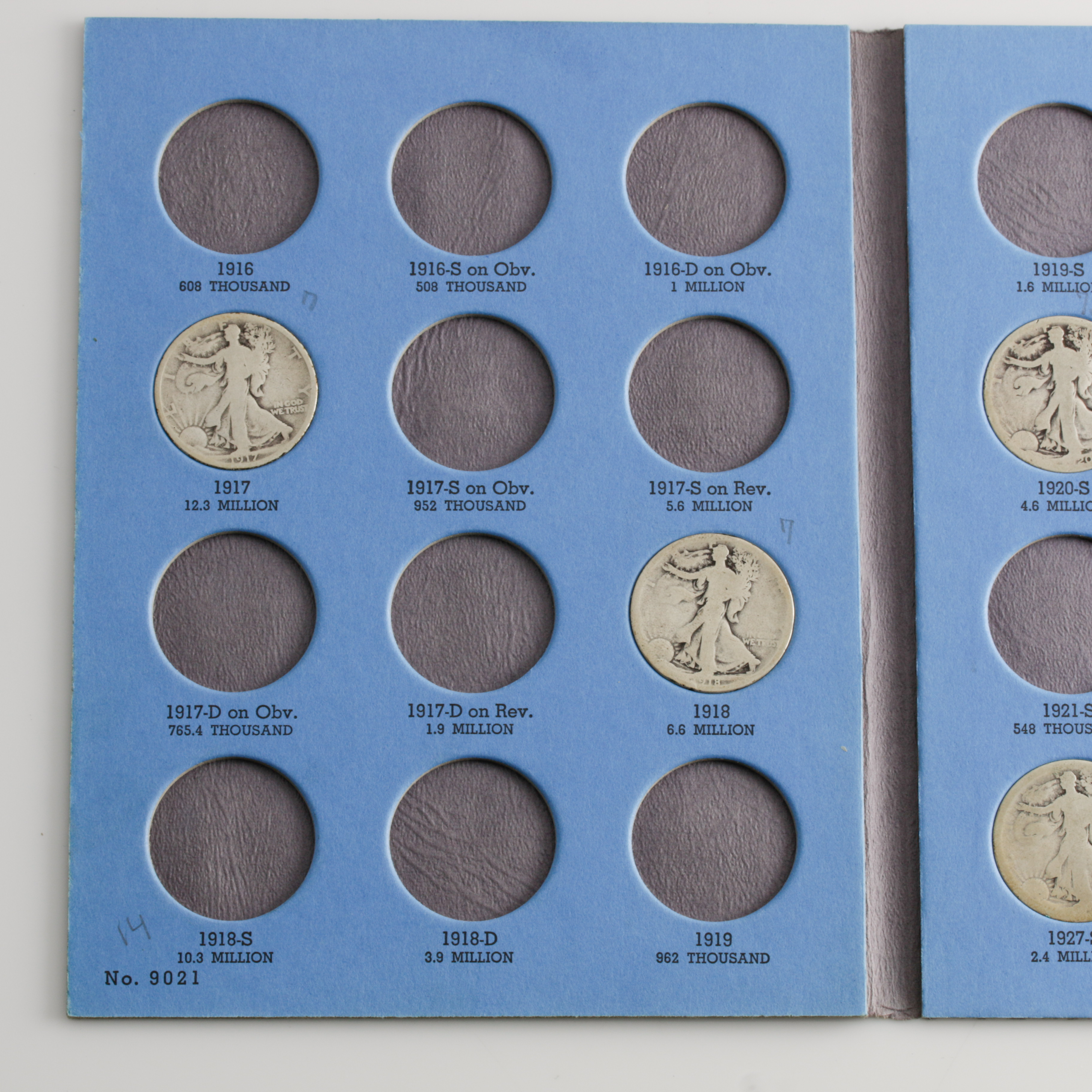 Group of 14 Walking Liberty Silver Half Dollars in a Whitman Coin Folder Ranging in Age from 1917 to 1936