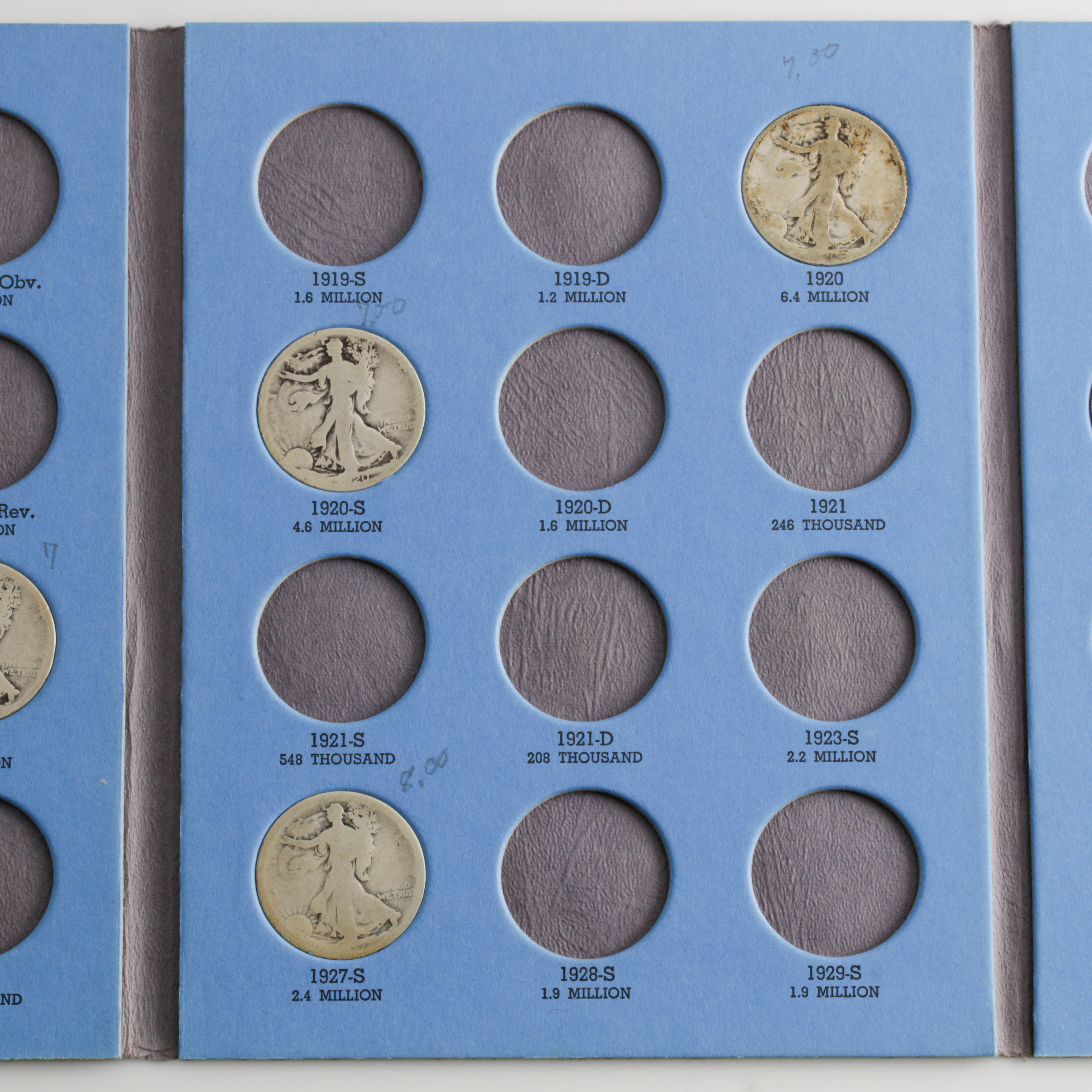 Group of 14 Walking Liberty Silver Half Dollars in a Whitman Coin Folder Ranging in Age from 1917 to 1936