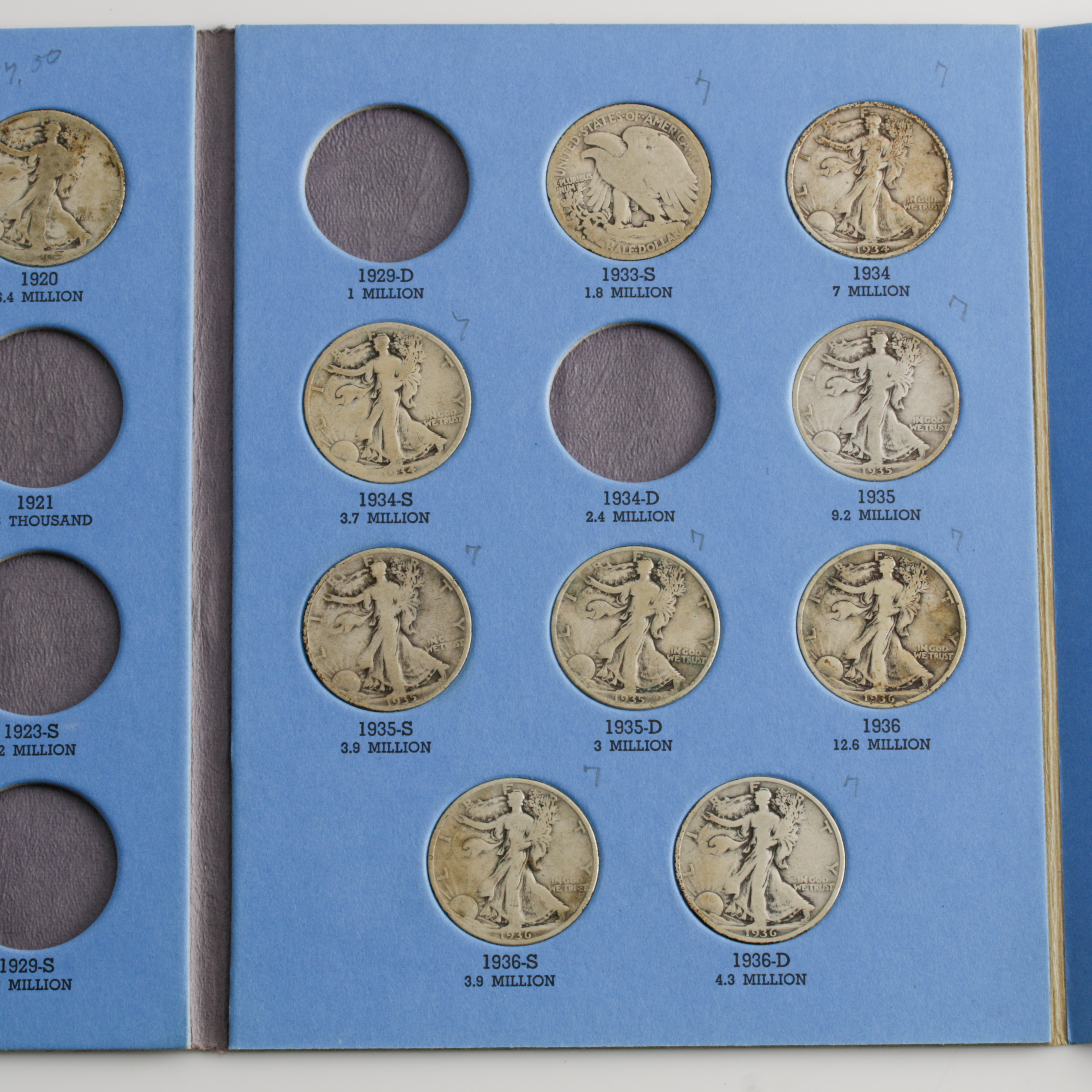 Group of 14 Walking Liberty Silver Half Dollars in a Whitman Coin Folder Ranging in Age from 1917 to 1936