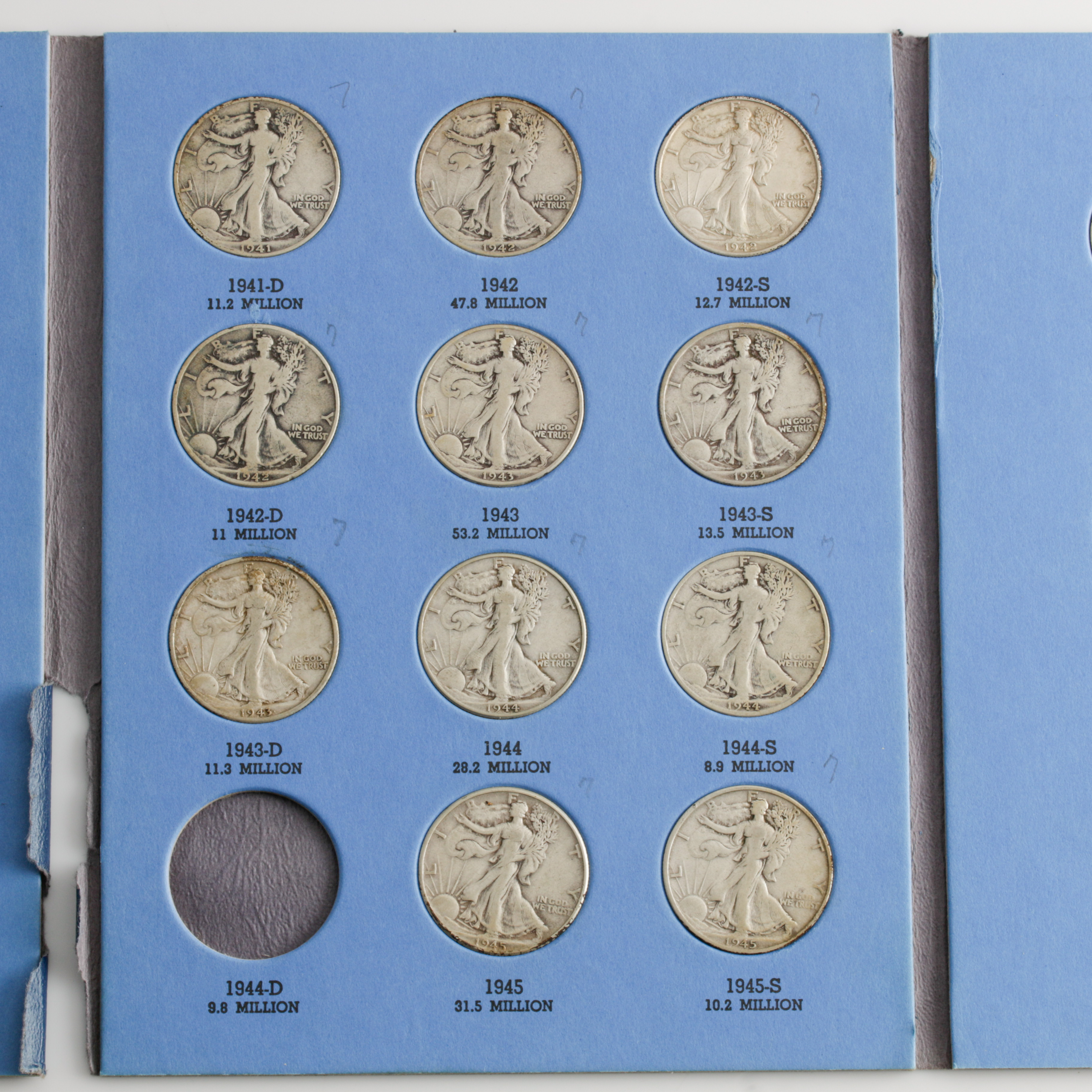Group of 26 Walking Liberty Silver Half Dollars in a Whitman Coin Folder Ranging in Age from 1937 to 1947
