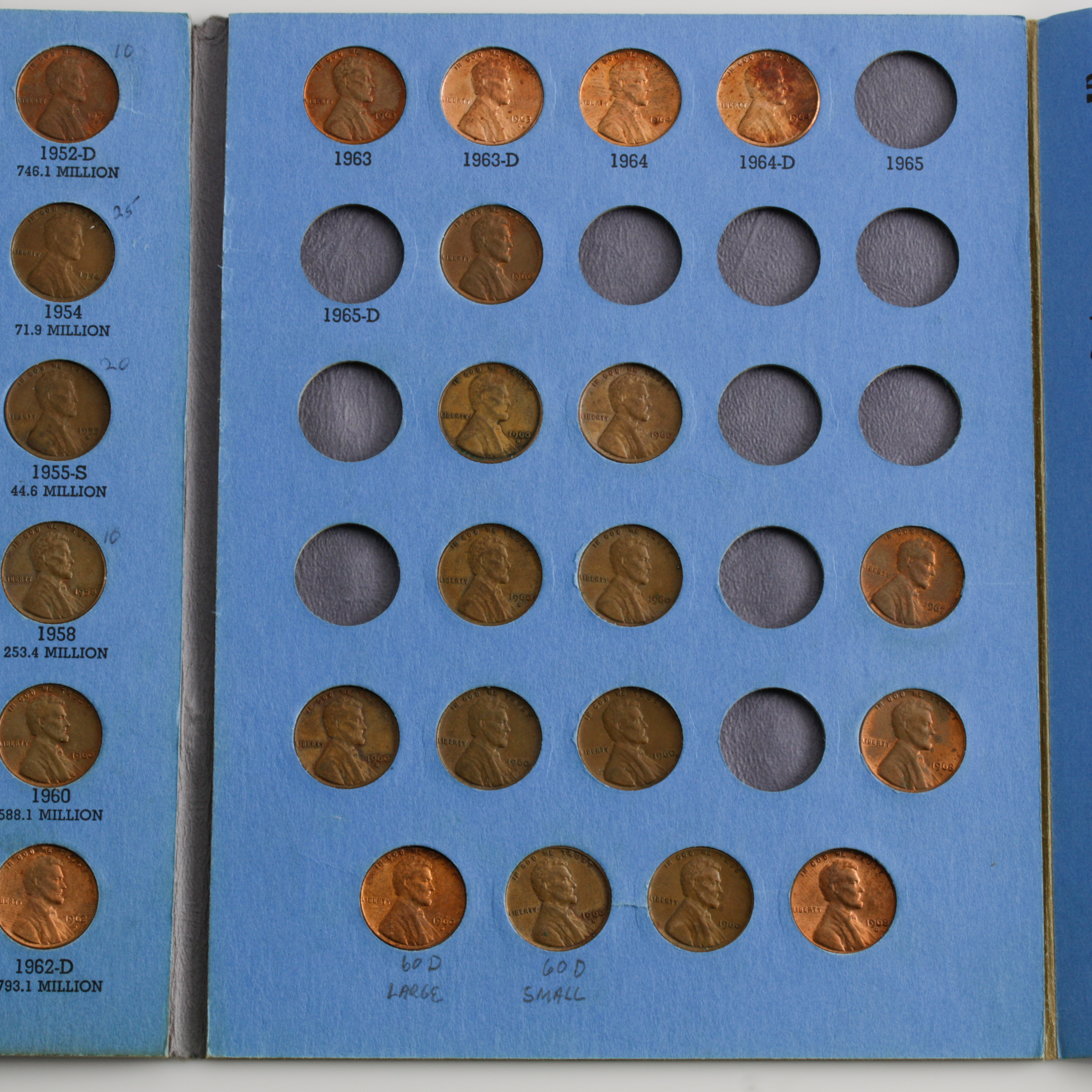 Group of 130 Lincoln Head Cents in Two Whitman Coin Folders Ranging in Age from 1909 to 1968