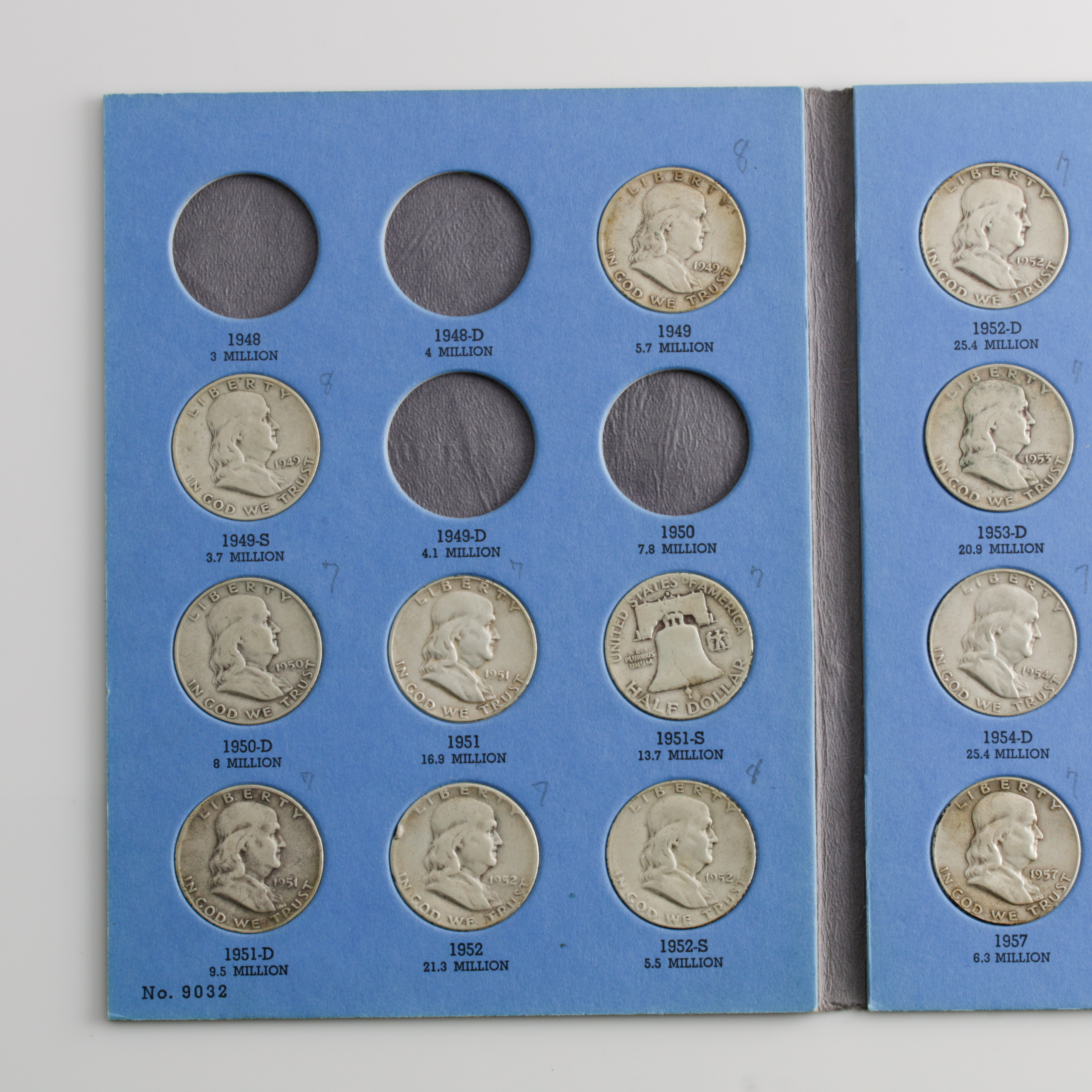 Group of 28 Benjamin Franklin Silver Half Dollars in a Whitman Coin Folder Ranging in Age from 1949 to 1963