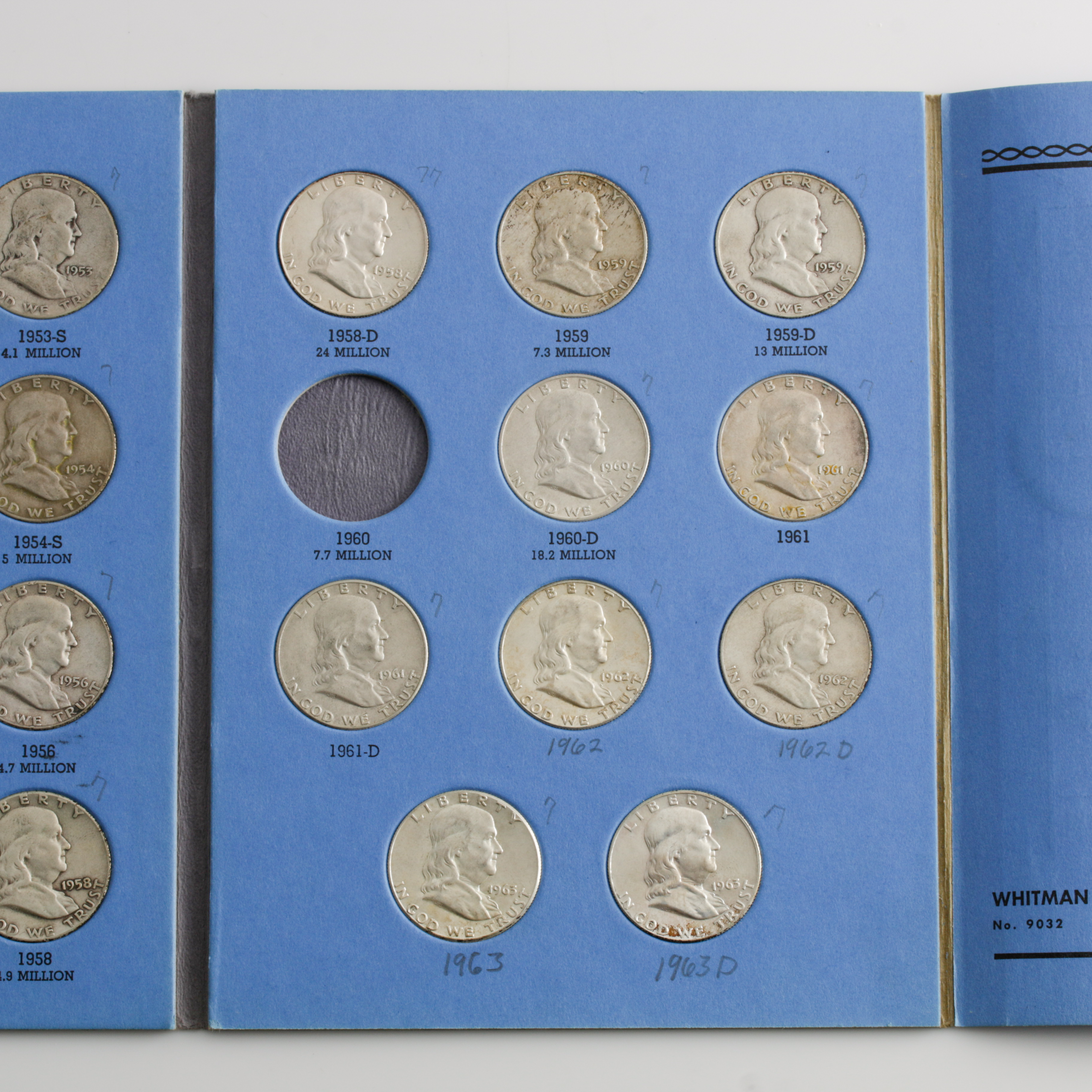 Group of 28 Benjamin Franklin Silver Half Dollars in a Whitman Coin Folder Ranging in Age from 1949 to 1963