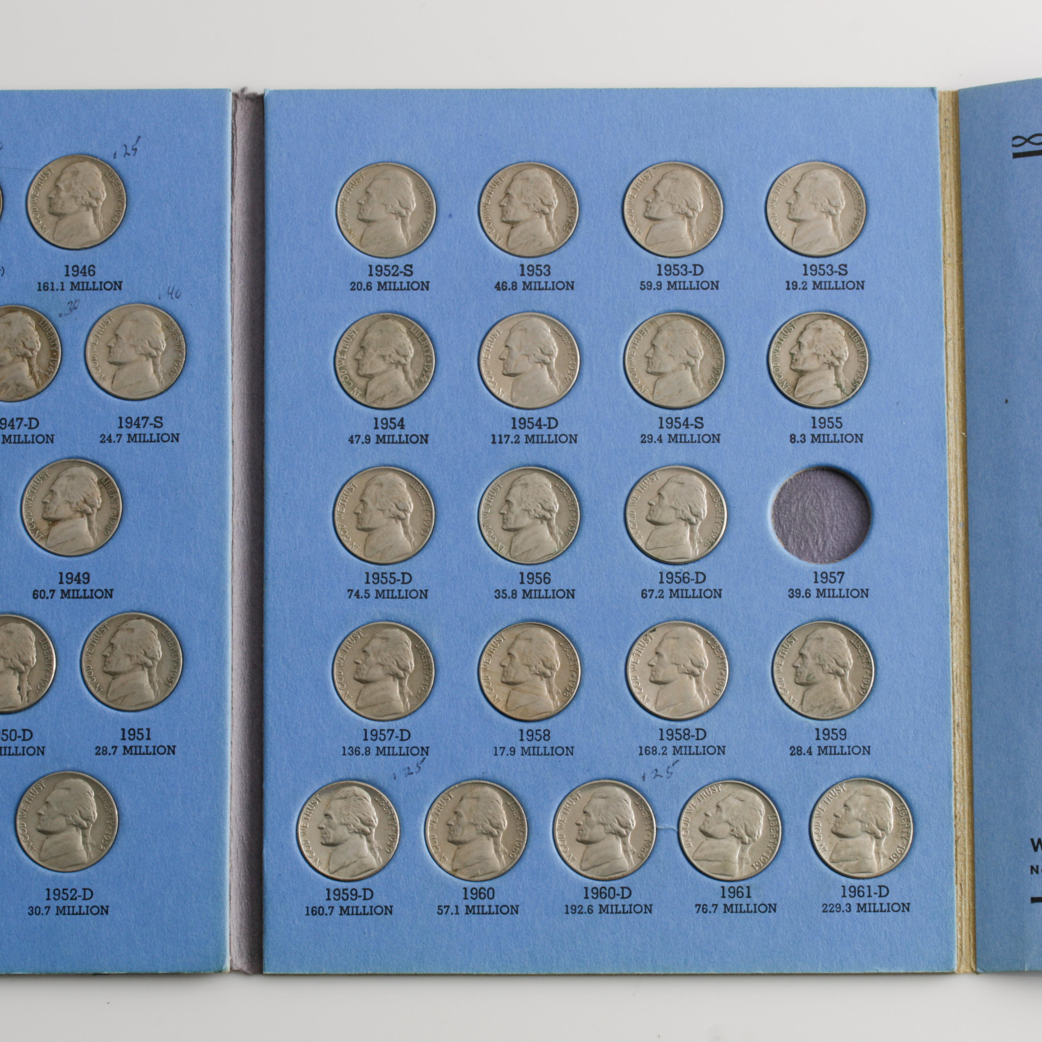 Group of 69 Jefferson Nickels in Two Whitman Coin Folders Ranging in Age from 1938 to 1966