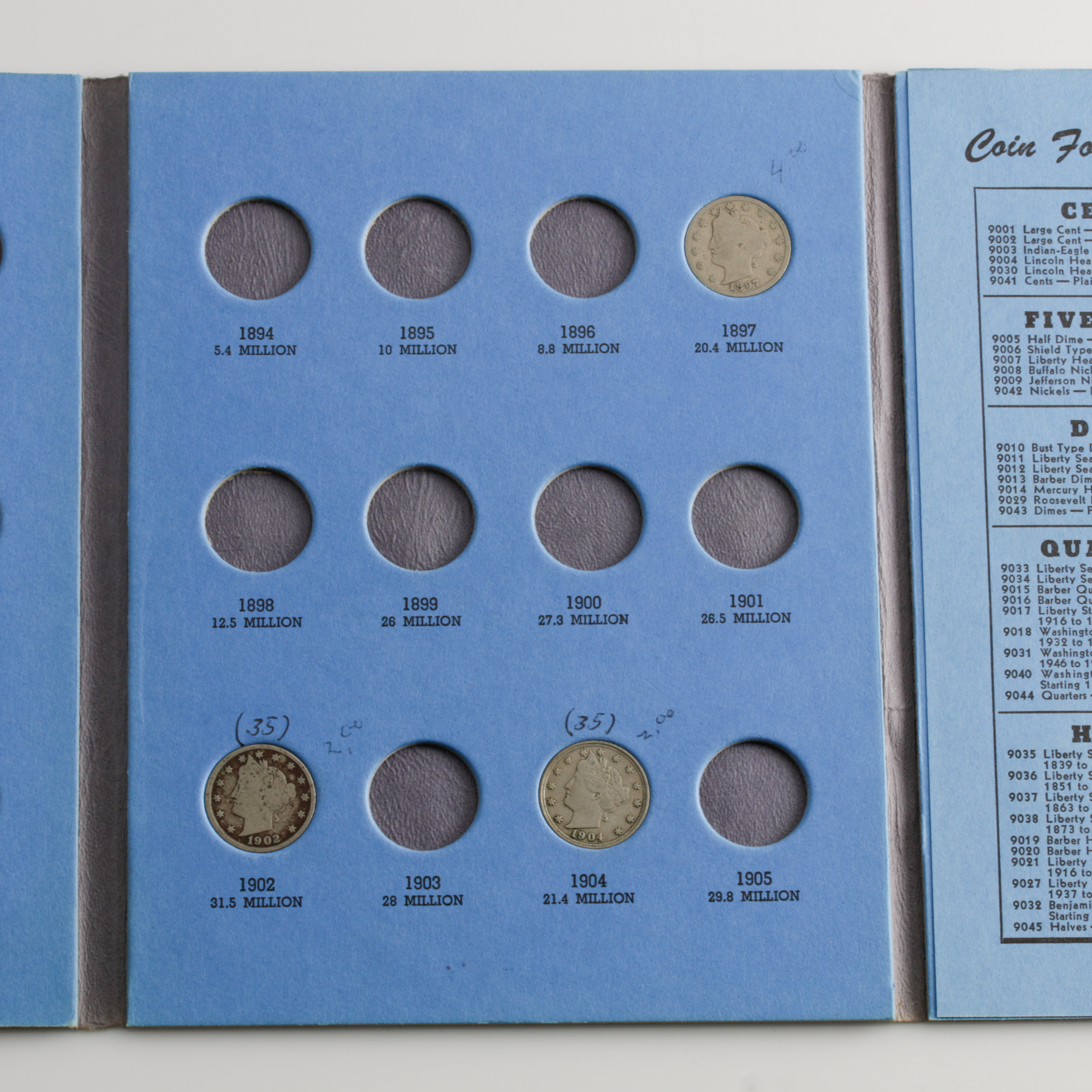 Group of 32 American Nickels in a Whitman Coin Folder Ranging in Age from 1897 to 1938