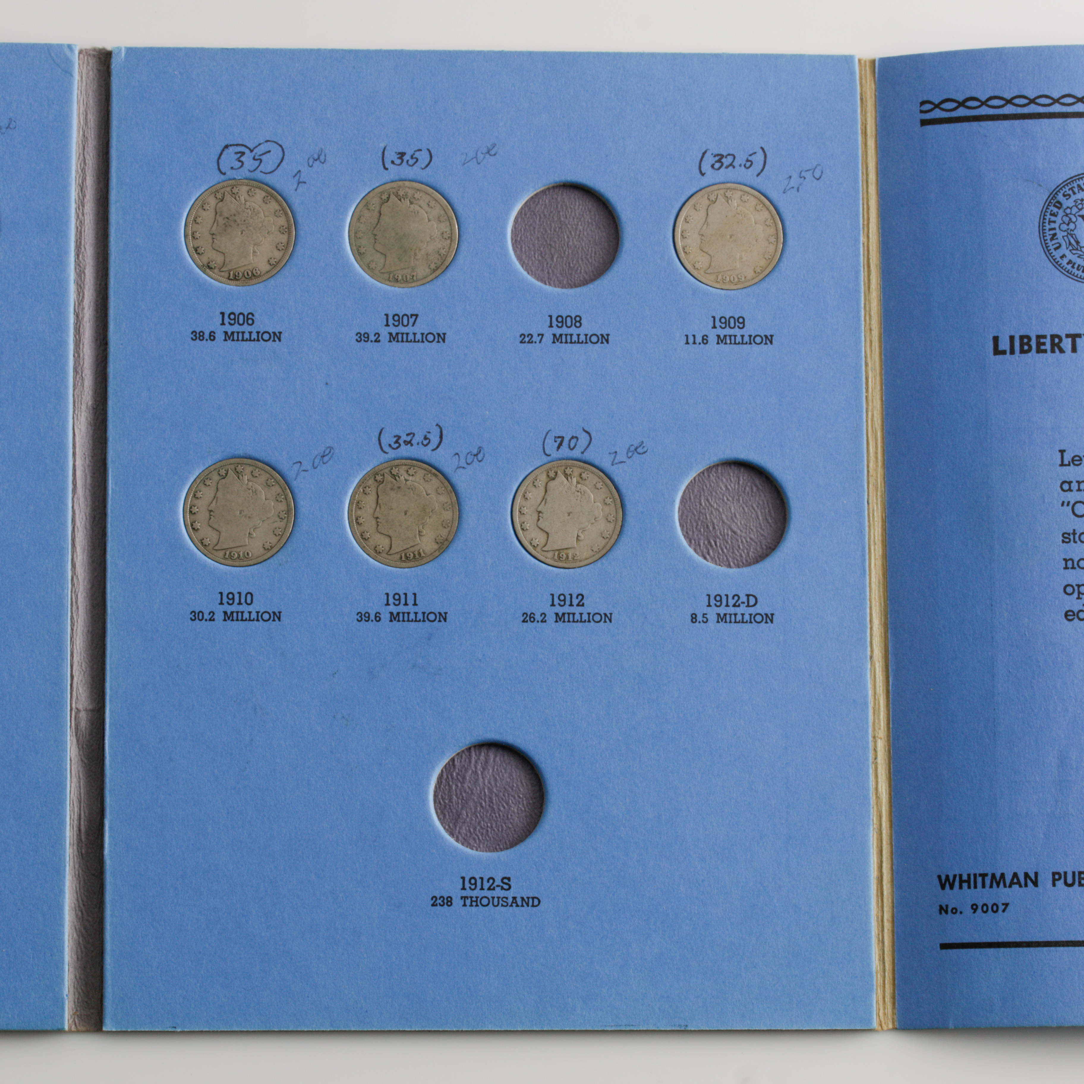 Group of 32 American Nickels in a Whitman Coin Folder Ranging in Age from 1897 to 1938