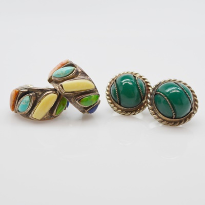 Sterling Silver Sodalite Hoop Earrings and Obsidian Pierced Earrings