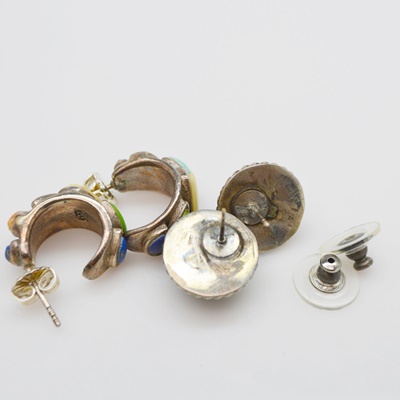 Sterling Silver Sodalite Hoop Earrings and Obsidian Pierced Earrings