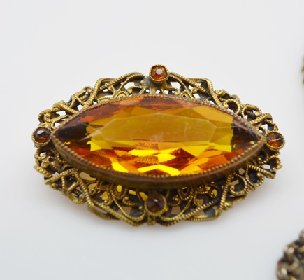 Victorian Gold Filled and Gold Plate Watch Chain With Slide and Brooch