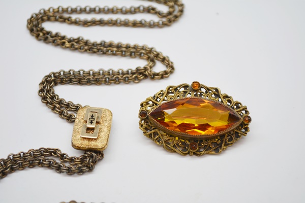 Victorian Gold Filled and Gold Plate Watch Chain With Slide and Brooch