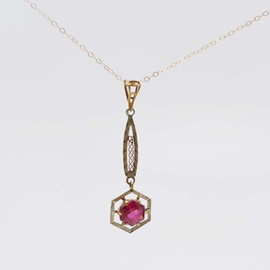 Vintage 14K Yellow Gold Synthetic Ruby Pendant Necklace