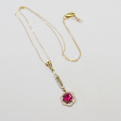 Vintage 14K Yellow Gold Synthetic Ruby Pendant Necklace