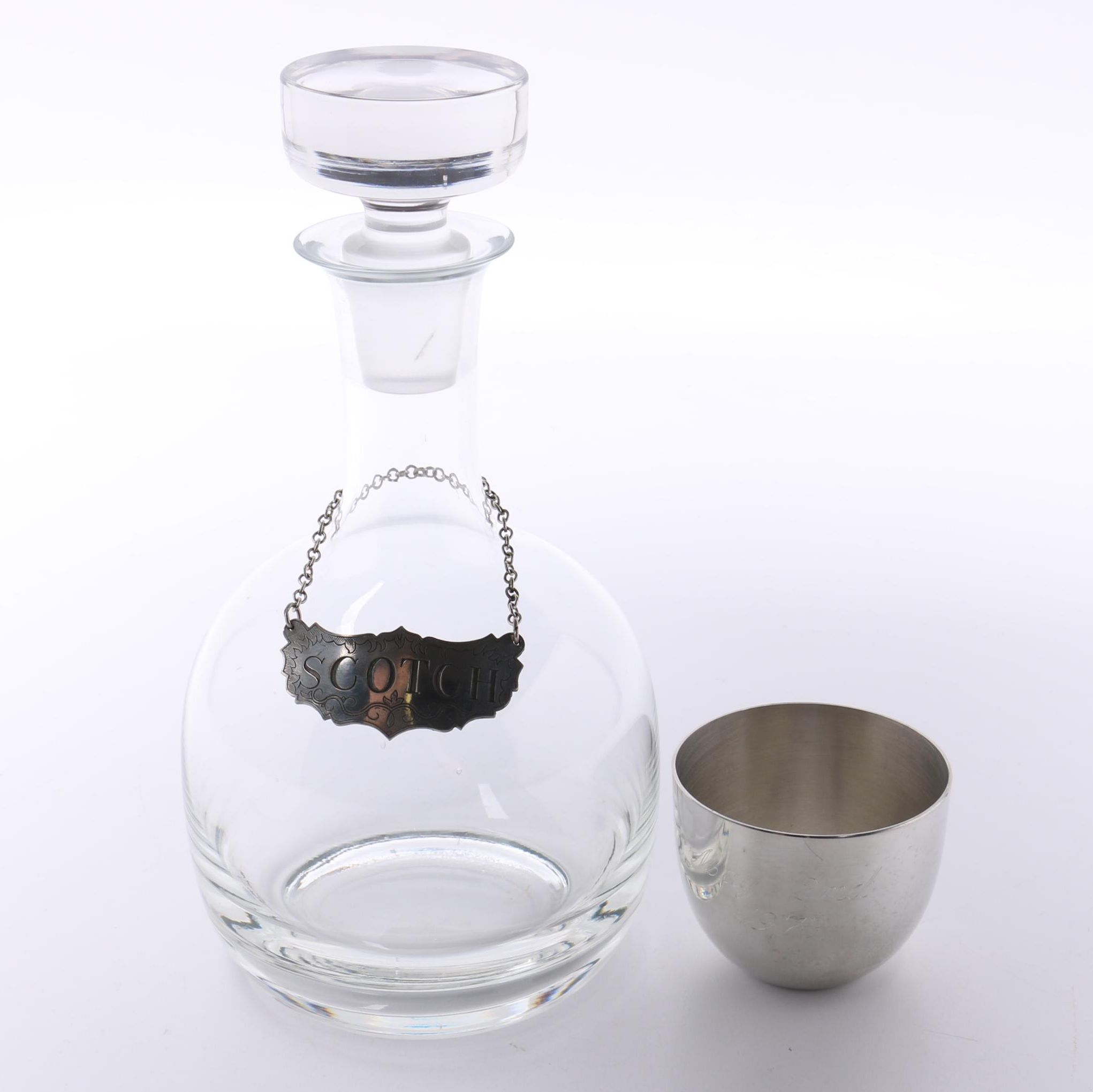 Decanter With Stieff Pewter Tag and Jefferson Cup