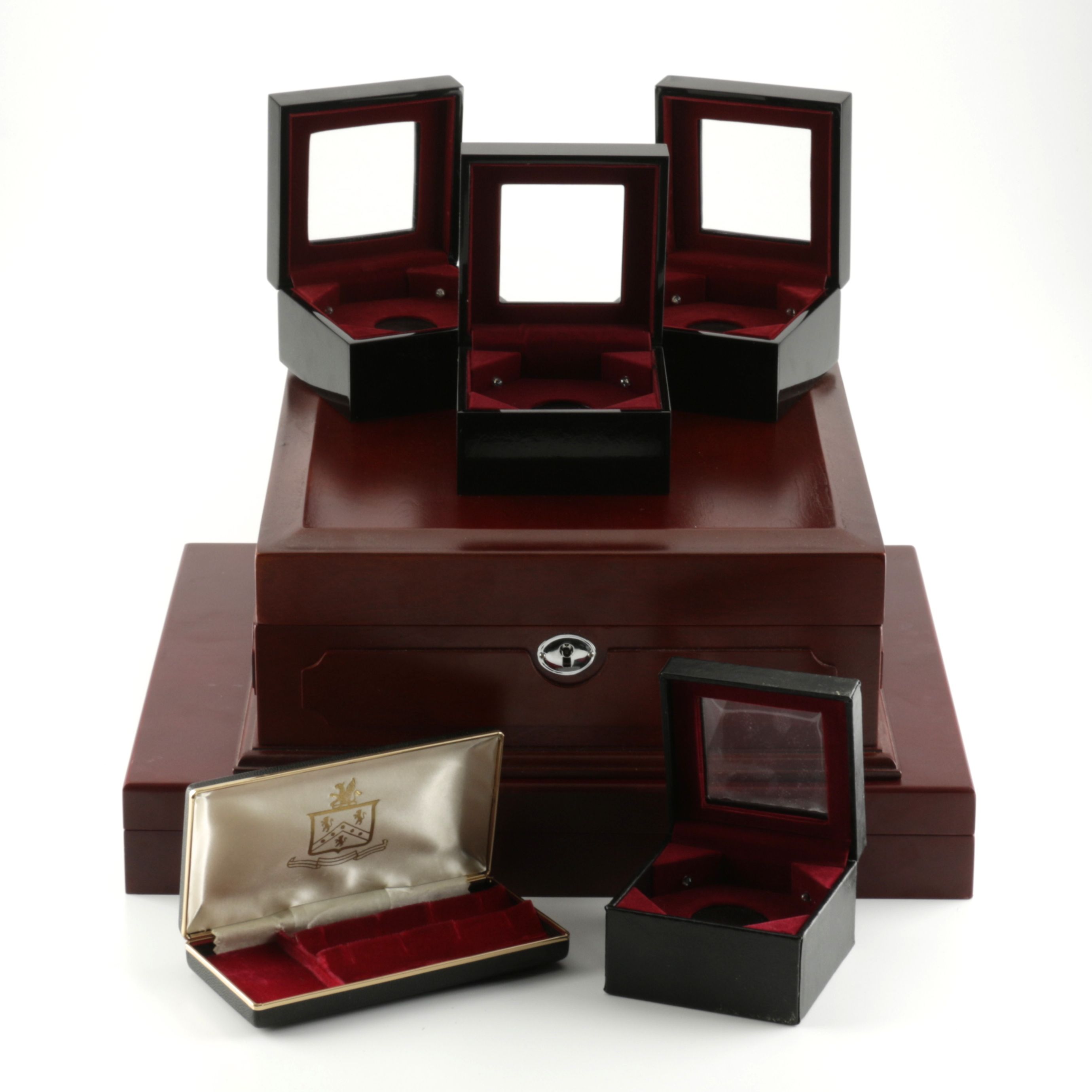 Two Wooden Coin Display Cases and Five Small Coin Boxes