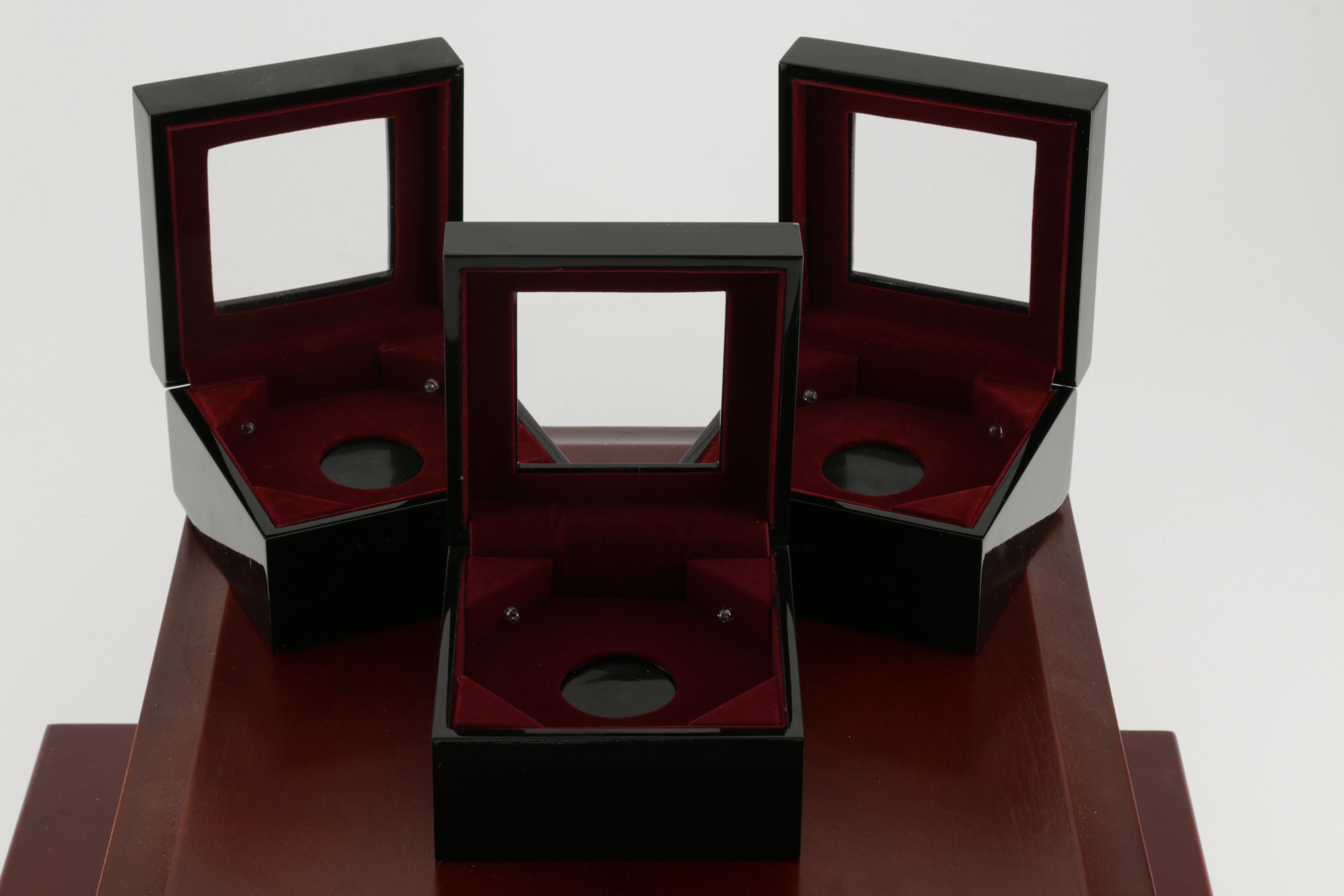 Two Wooden Coin Display Cases and Five Small Coin Boxes