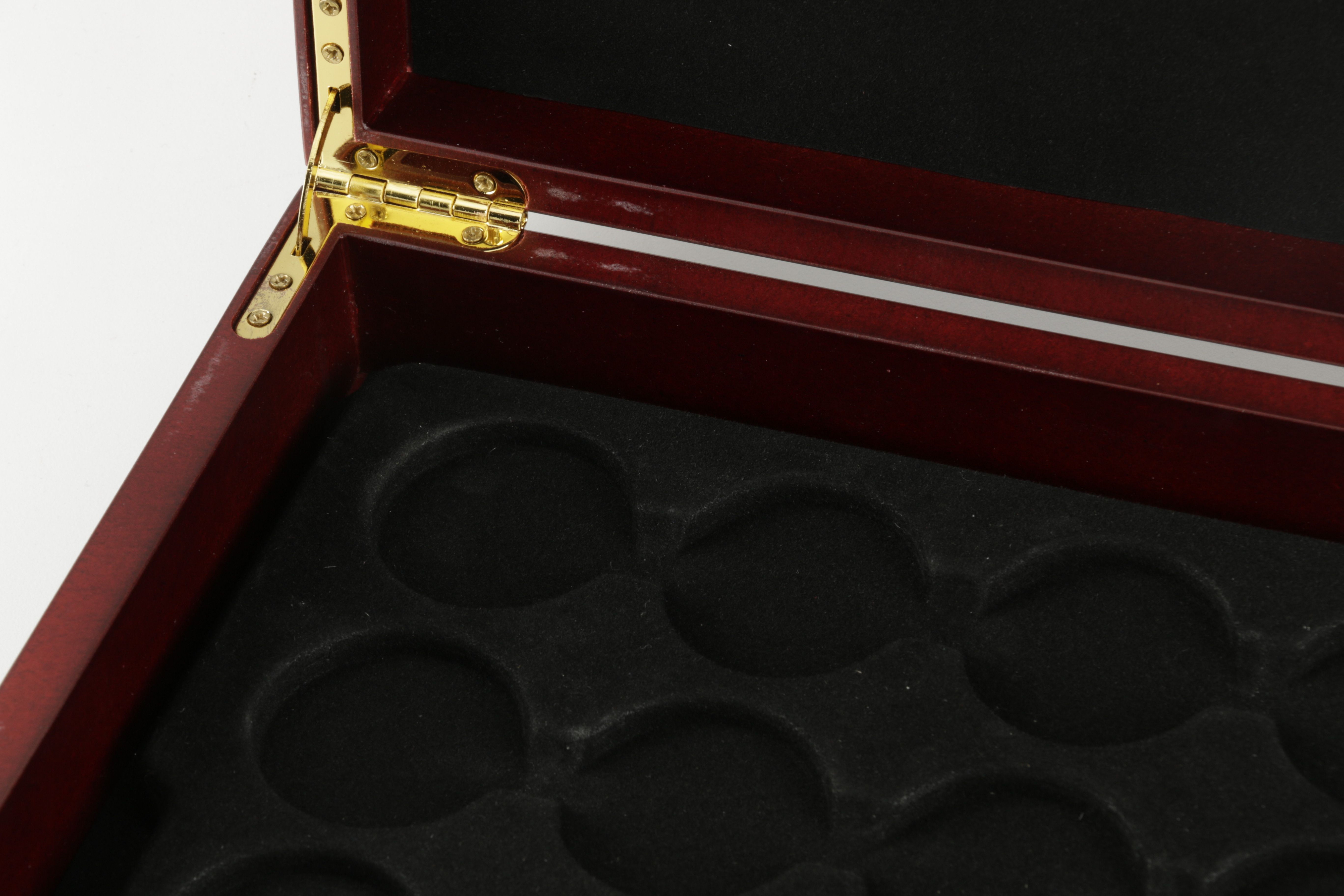 Two Wooden Coin Display Cases and Five Small Coin Boxes