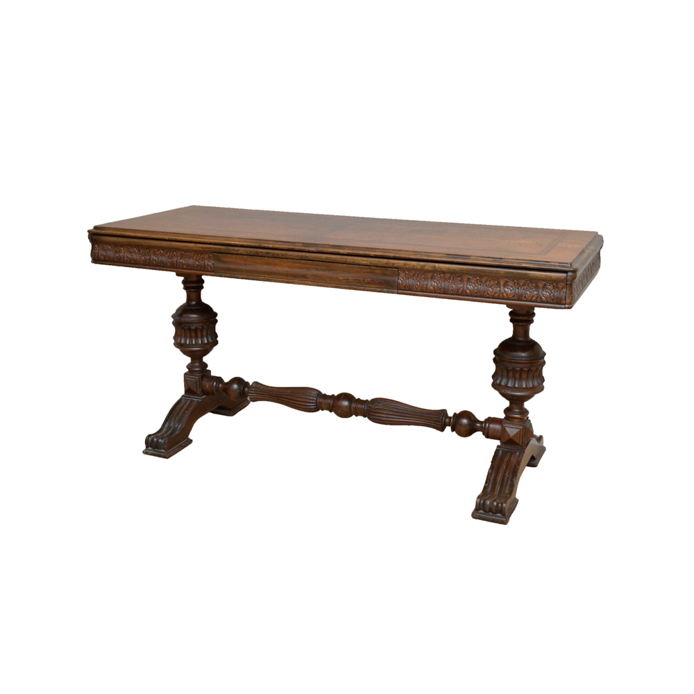 Vintage Jacobean Style Walnut Library Table With Parquetry Top