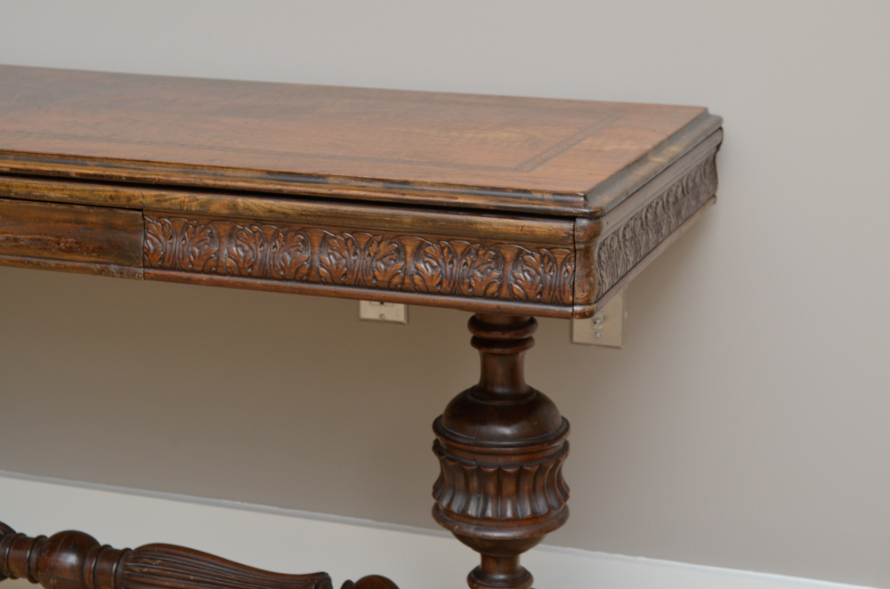 Vintage Jacobean Style Walnut Library Table With Parquetry Top