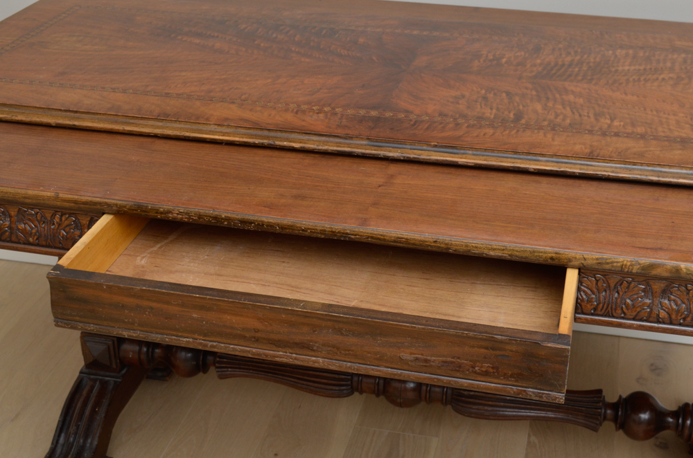 Vintage Jacobean Style Walnut Library Table With Parquetry Top