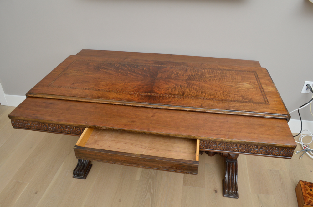 Vintage Jacobean Style Walnut Library Table With Parquetry Top