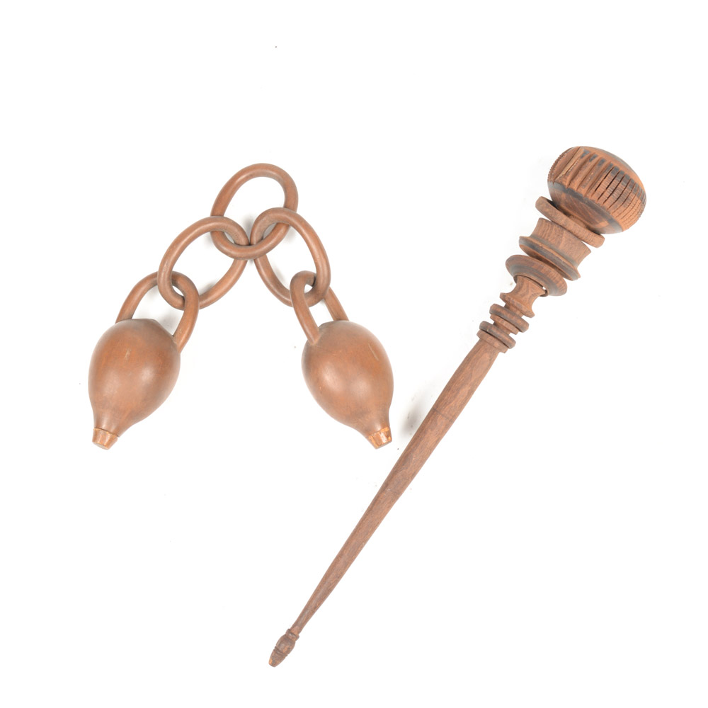 Antique Carved Wooden Molinillo and Chain