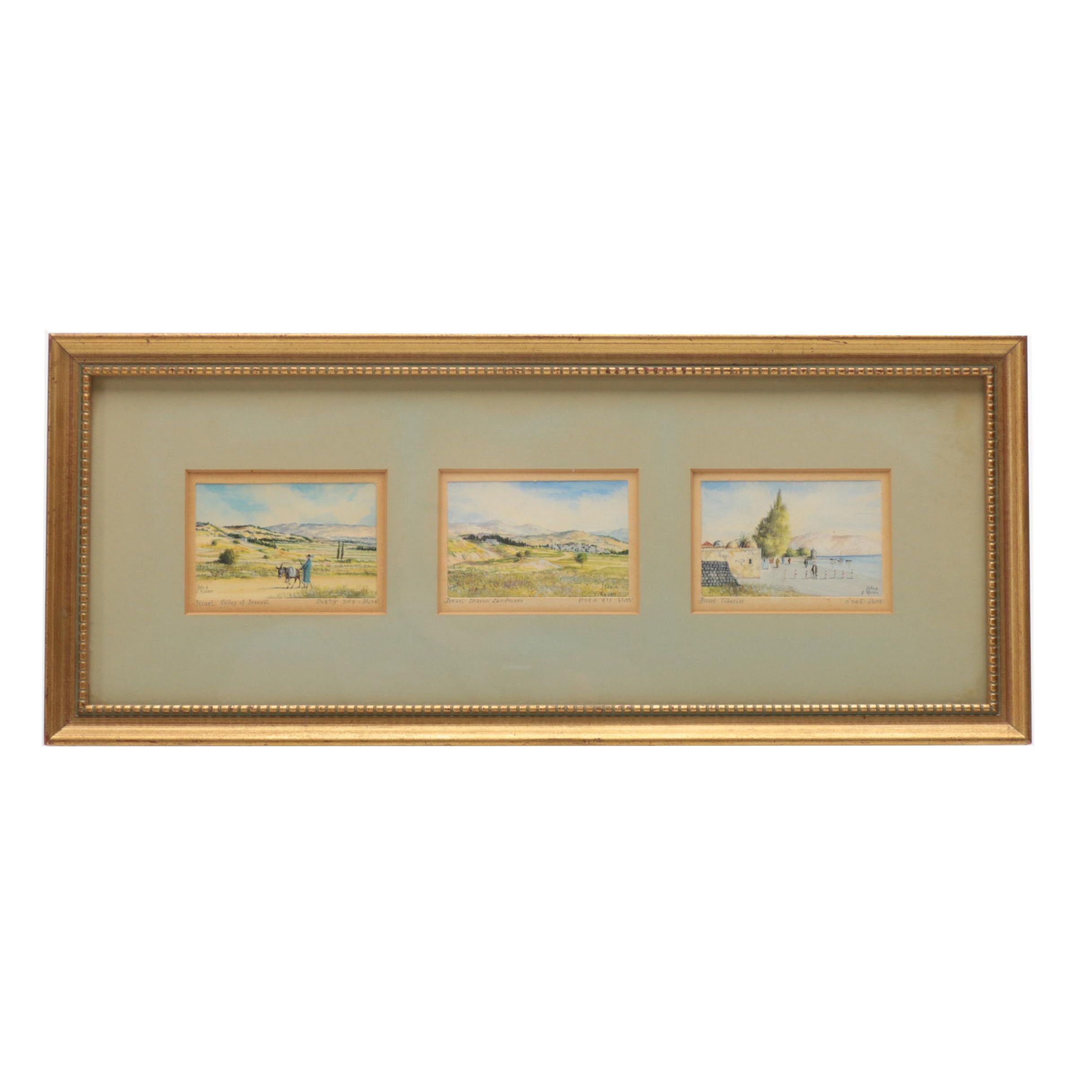 S. Rosen Three Watercolor Paintings on Paper of Israel Landscapes