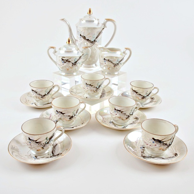 A Vintage White Luster Moriage Dragonware Teaset