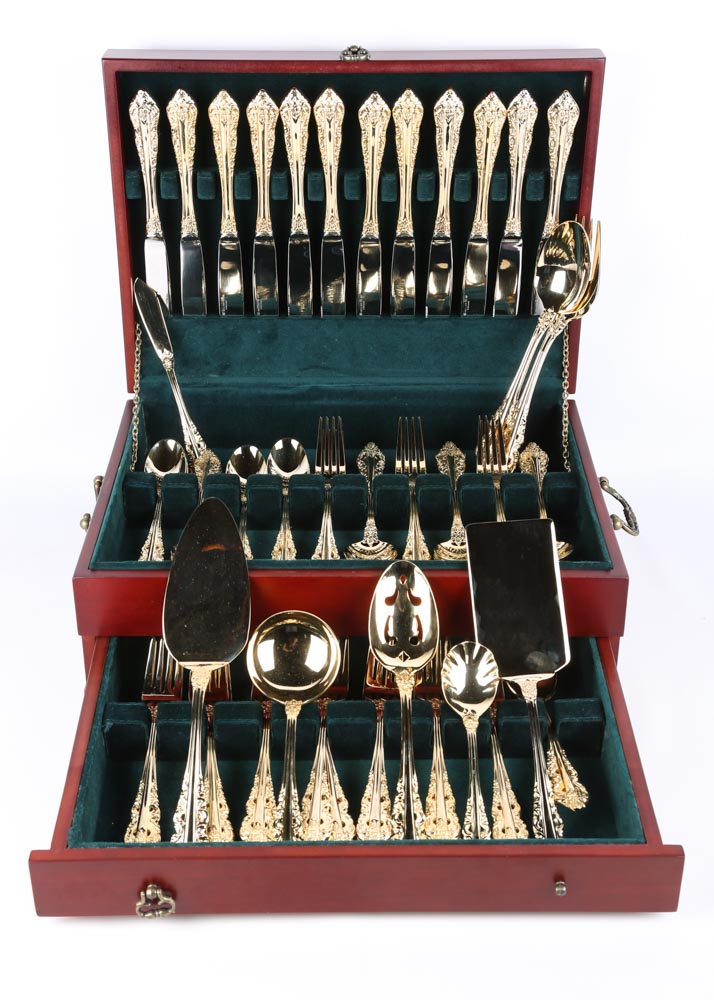 Wallace "Antique Baroque" Gold Plate Flatware Service for Twelve