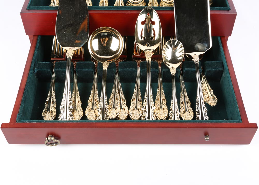 Wallace "Antique Baroque" Gold Plate Flatware Service for Twelve