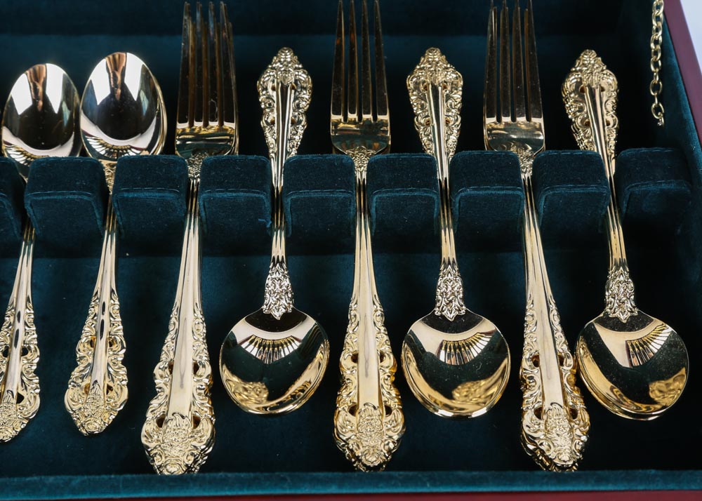 Wallace "Antique Baroque" Gold Plate Flatware Service for Twelve
