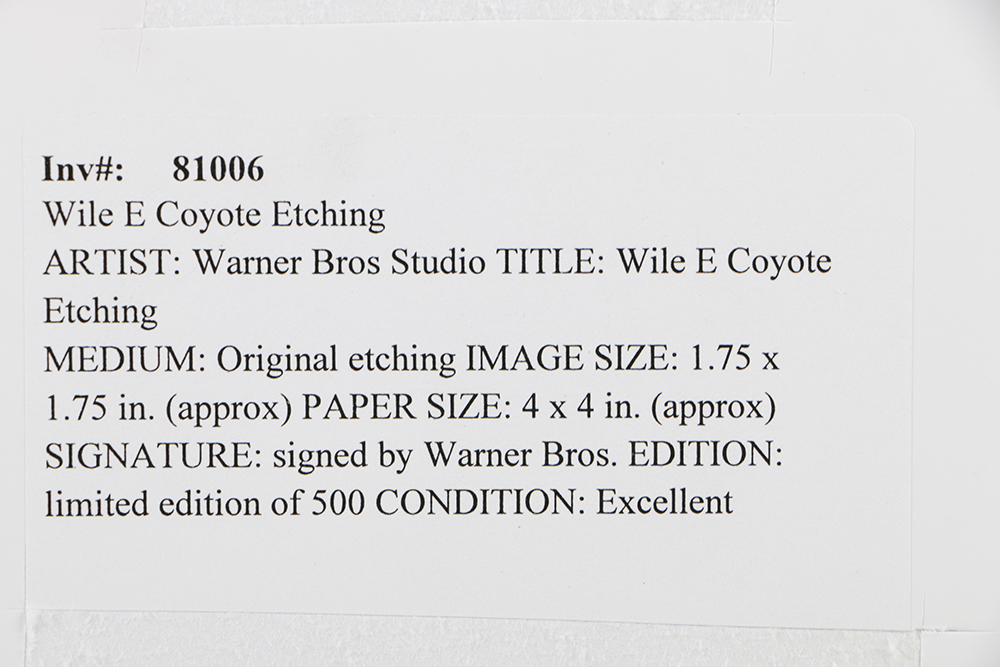 Warner Bros Studio Limited Edition Etching on Paper "Wile E. Coyote Etching"