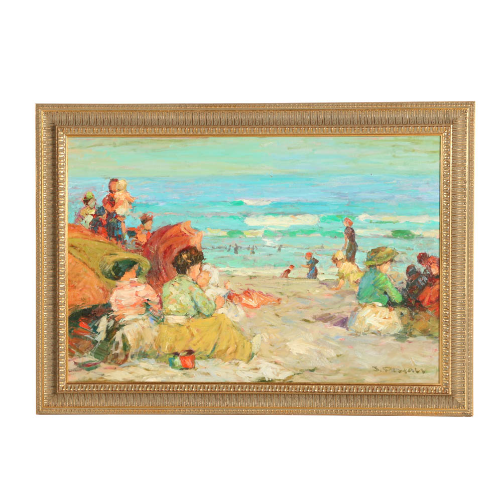 Jacques Deveau (French, 1937) Original Beach Scene on Canvas