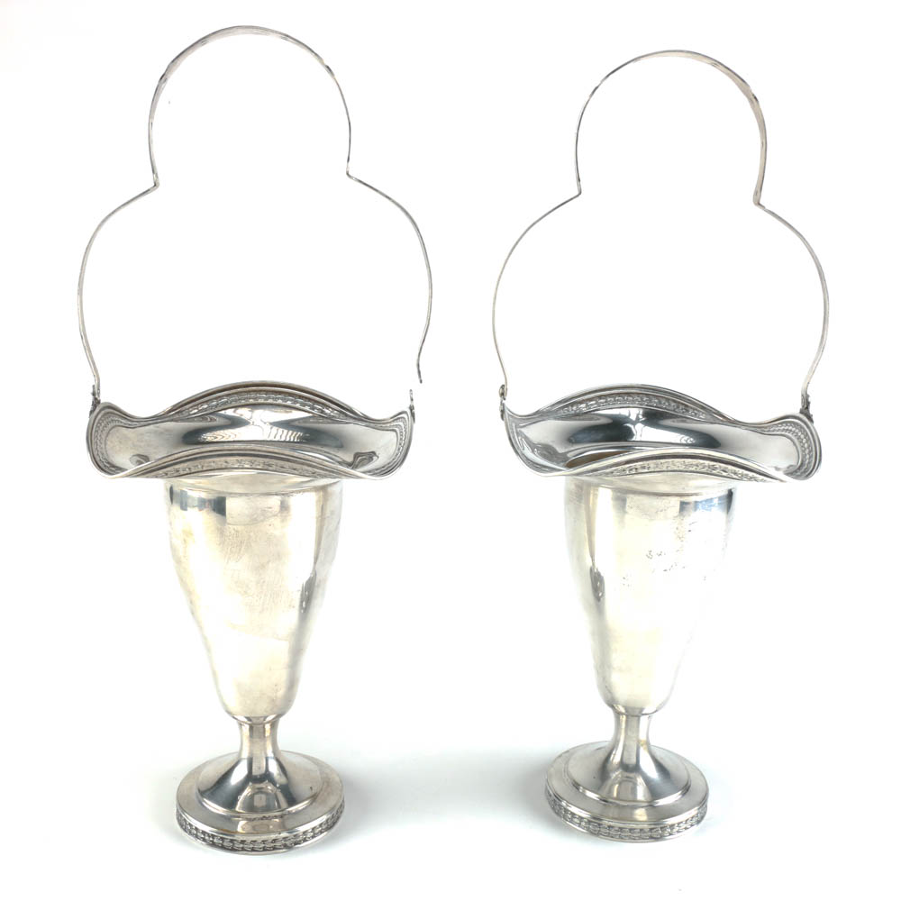 Pair of Antique Silver Plated Vases with Ruffled Rim and Handles