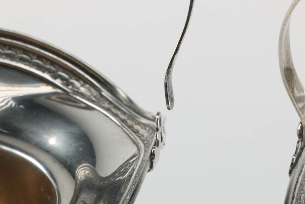 Pair of Antique Silver Plated Vases with Ruffled Rim and Handles