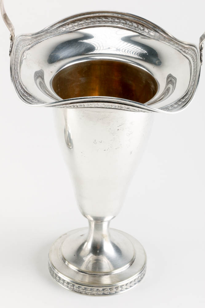 Pair of Antique Silver Plated Vases with Ruffled Rim and Handles