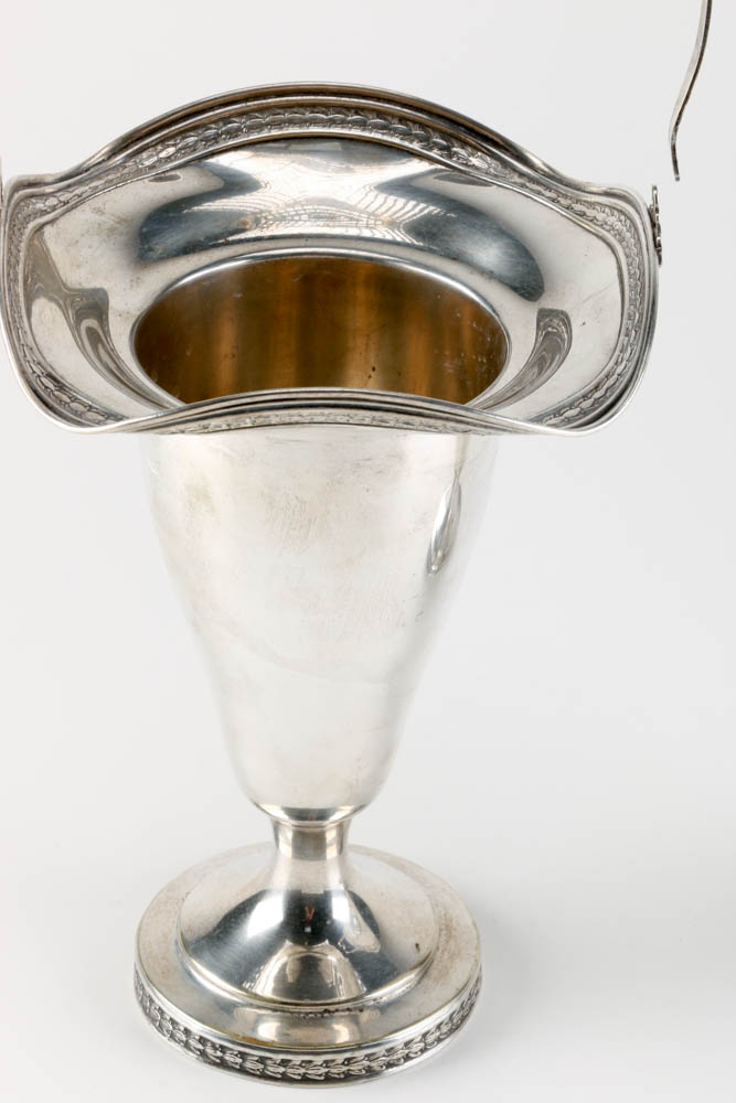 Pair of Antique Silver Plated Vases with Ruffled Rim and Handles