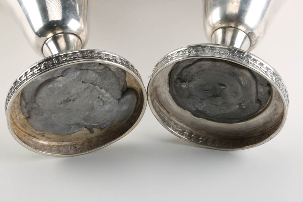 Pair of Antique Silver Plated Vases with Ruffled Rim and Handles