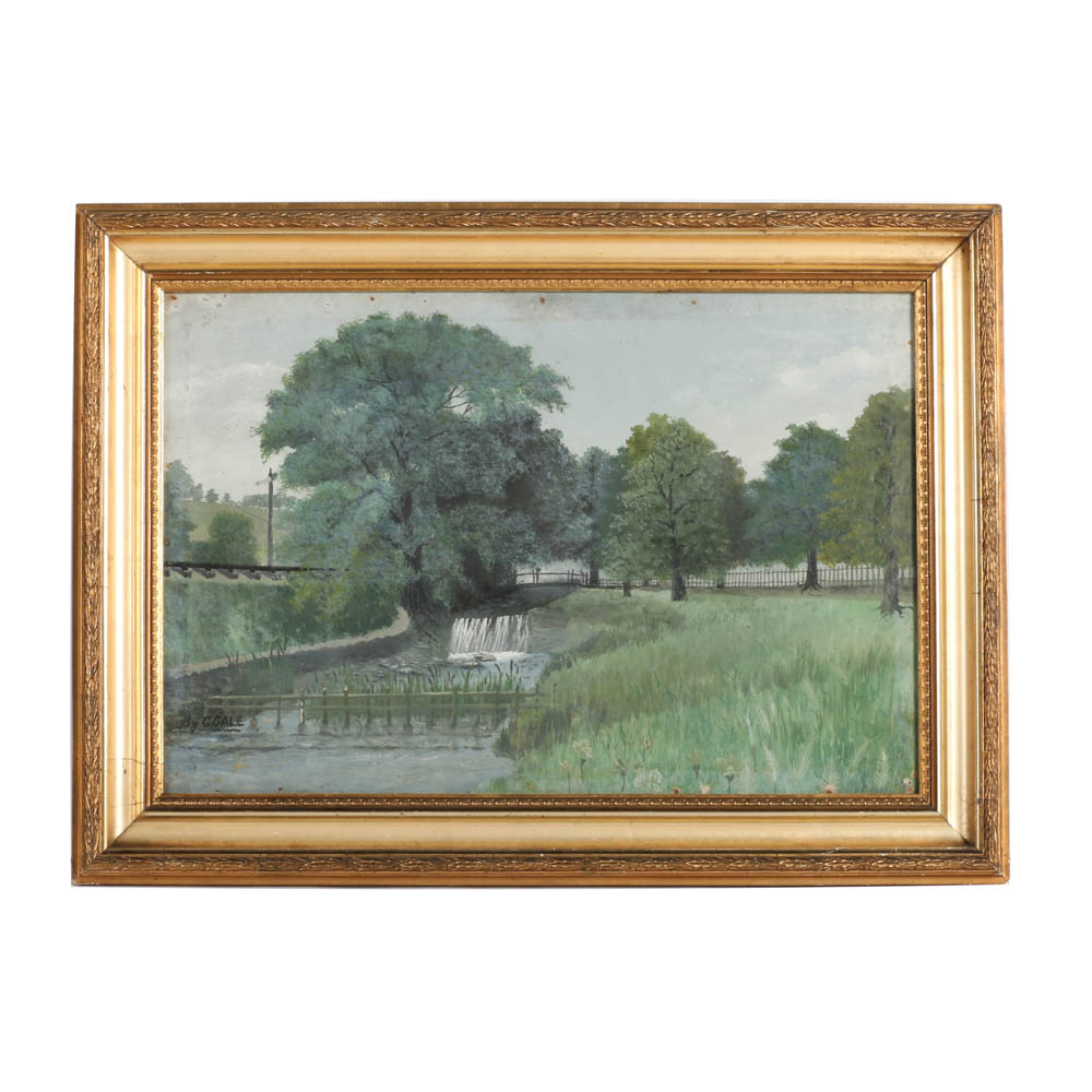 Circa 1908 Painting of English Landscape and Millstream, Signed