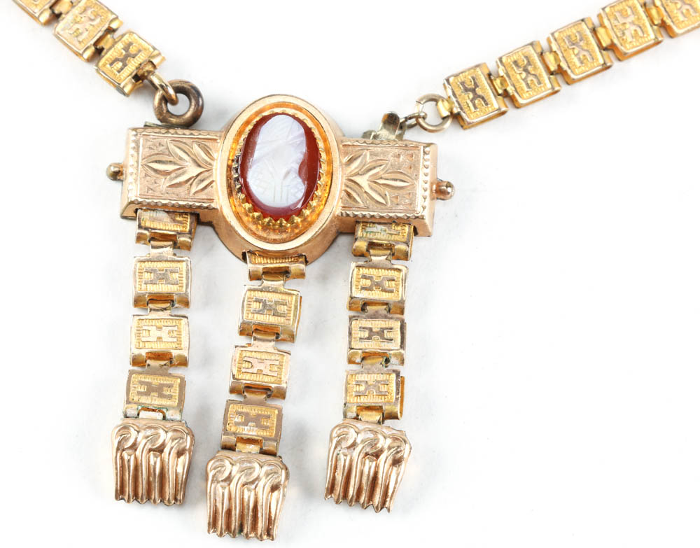 Victorian Gold Filled Book Chain Necklace with Sardonyx Cameo