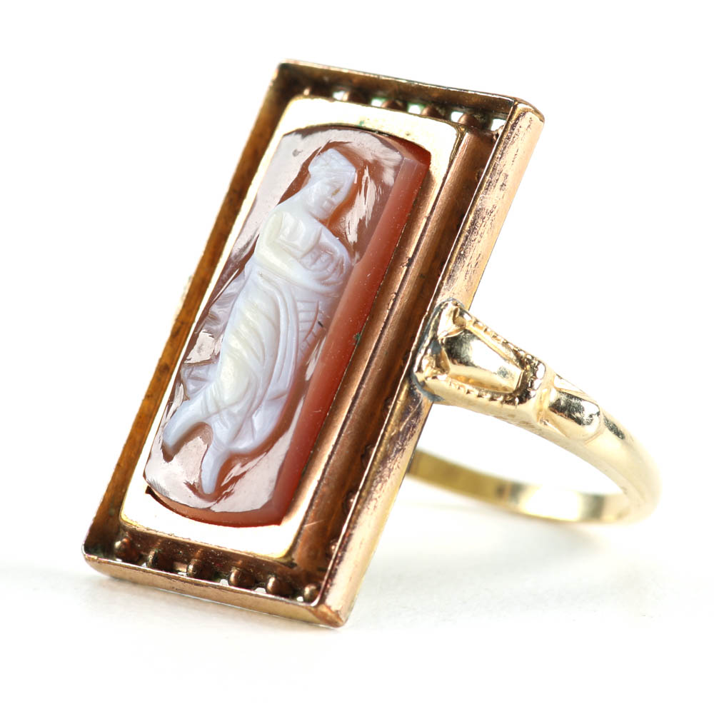 Victorian Sardonyx Cameo Ring with 14K Yellow Gold Band