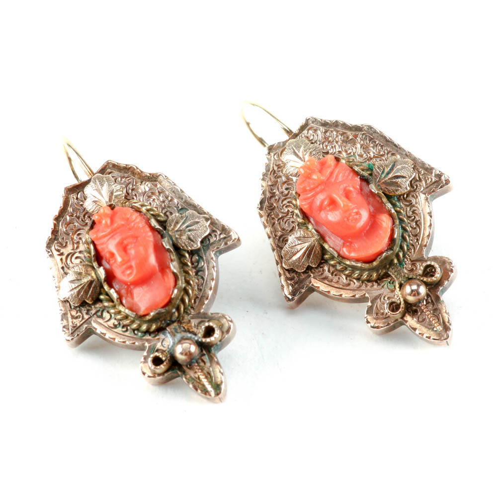 Victorian Coral Cameo Earrings on 10K Yellow Gold Wires