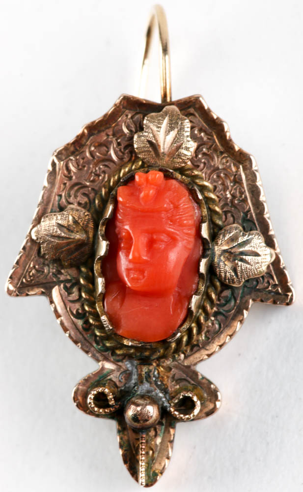 Victorian Coral Cameo Earrings on 10K Yellow Gold Wires