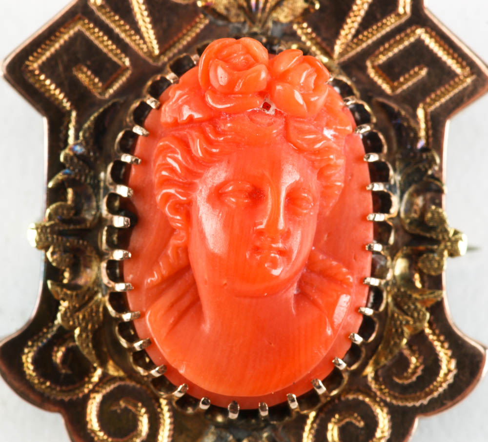 Victorian Coral Cameo Brooch in 10K Yellow Gold Engraved Setting