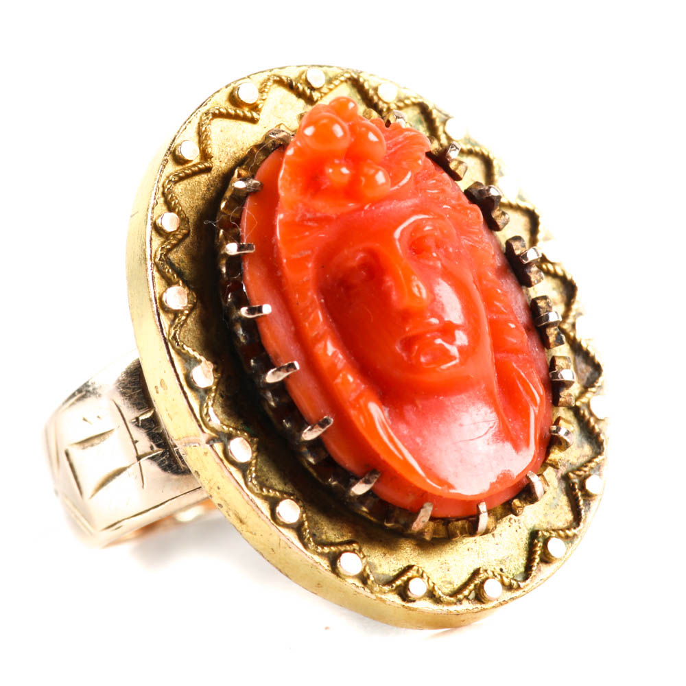 Victorian Coral Cameo Ring with 14K Yellow Gold Band