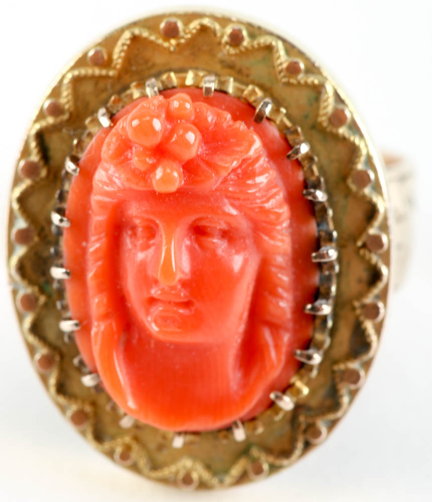 Victorian Coral Cameo Ring with 14K Yellow Gold Band